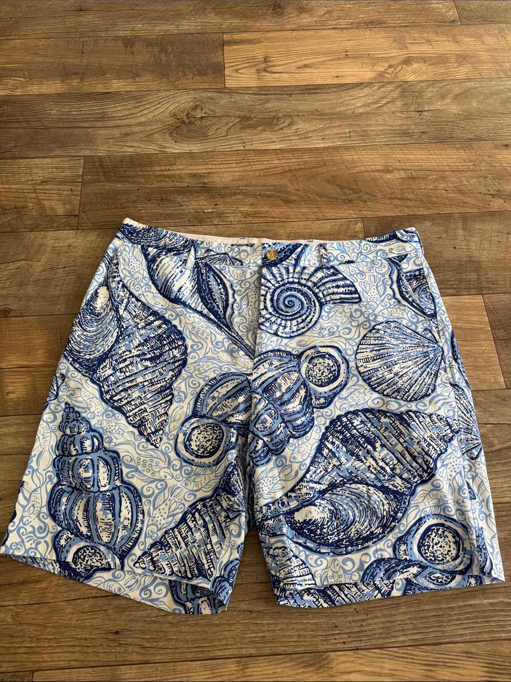 Lilly Pulitzer Blue and White Shell-Print Board Shorts
